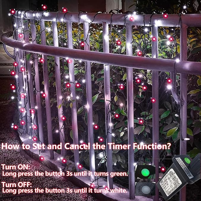 YEGUO 66ft 200 LED String Lights Outdoor Waterproof, 8 Modes Red and White String Lights Plug in, Green Wire Twinkle Tree Lights Indoor with Timer Memory