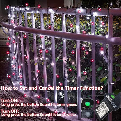 YEGUO 66ft 200 LED String Lights Outdoor Waterproof, 8 Modes Red and White String Lights Plug in, Green Wire Twinkle Tree Lights Indoor with Timer Memory