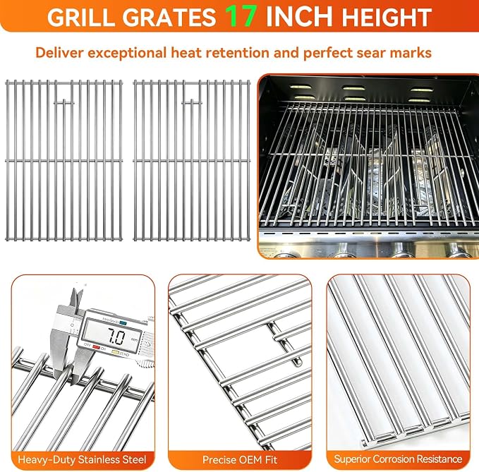 Grill Replacement Parts for Nexgrill 4-Burner 720-0830H 720-0830D 720-0783C 720-0783E 720-0958A,5-Burner 720-0888N, 17" Stainless Steel Grill Grate + Heat Plate + Burner Kit for Nexgrill