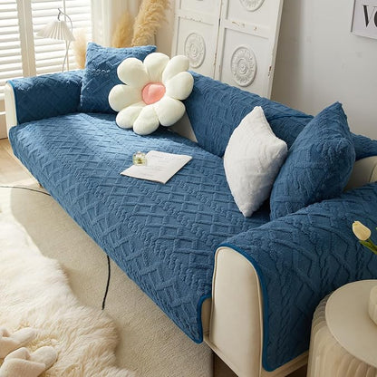 vctops Geometric Jacquard Plush Sofa Couch Covers Farmhouse Neutral Non Slip Sectional Couch Cover Soft Warm Sofa Slipcover for Dogs, Children, Pets Furniture Protector (Dark Blue B,43"x70")