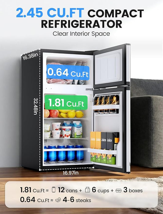 COWSAR 2.5 Cu.Ft Mini Fridge with Freezer, Double Reversible Door Compact Apartment Refrigerator with 2 Removable Shelves, Commercial Dorm Fridge for Bedroom, Office, Kitchen, Dorm, Silver