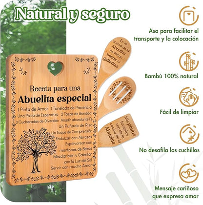 Regalos de cumpleaños para Abuelita - "Receta para una Abuelita especial". Juego de tablas de cortar y utensilios de bambú grabados. Regalos de cumpleaños para Abuelita. Spanish Grandma Cutting Board