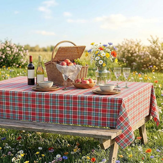 B-COOL Buffalo Checkered Table Cloth Fabric: Polyester Plaid Tablecloth Rectangle 57 x 120 Inch Red-Blue-Green Checkered Table Covers for Picnic Birthday Party