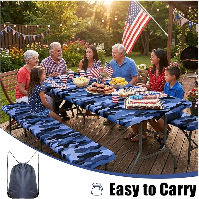 Smiry Picnic Table Cover with Bench Covers, Waterproof Elastic Fitted Tablecloth for 6 Foot Tables, Washable Polyester Camo Tablecloths for Camping & Patriotic Decor (Ocean Blue, 30x72 Inch 3-pc Set)