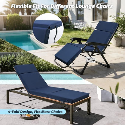 Outdoor Chaise Lounge Cushion 72" x 21" x 3", 4-Section Folding Patio Lounge Chair Cushion with Ties, Waterproof & Fade Resistant Replacement Cushion for Pool, Patio, Deck (Blue, 1 Pcs)
