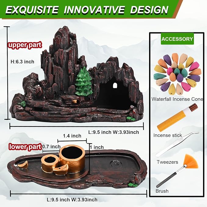 Mountain Waterfall Incense Burner，Backfall Incense Holder River, Incense Falls Meditation Decor for Room with Upgrade Incense Cones and Accessories (5in1 Palo Santo)
