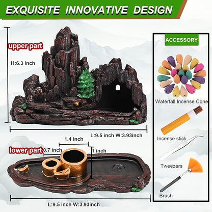 Mountain Waterfall Incense Burner，Backfall Incense Holder River, Incense Falls Meditation Decor for Room with Upgrade Incense Cones and Accessories (5in1 Palo Santo)