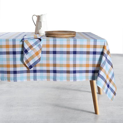 Gingham Tablecloth 52"x70" Cotton Washable Table Cover for Indoor Outdoor Dining, Holiday Events, BBQ, Everyday Table Settings, Indigo Blue, Mustard Yellow, Aqua Blue White