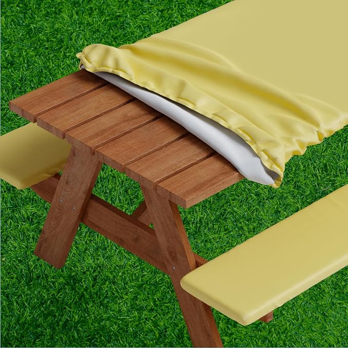 Picnic Table Cover with Bench Covers -Fitted with Elastic, Vinyl with Flannel Back, Fits for Table 30"x 96" Rectangle,Water Proof, Solid Yellow Design