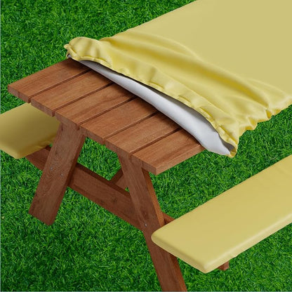 Picnic Table Cover with Bench Covers -Fitted with Elastic, Vinyl with Flannel Back, Fits for Table 30"x 96" Rectangle,Water Proof, Solid Yellow Design