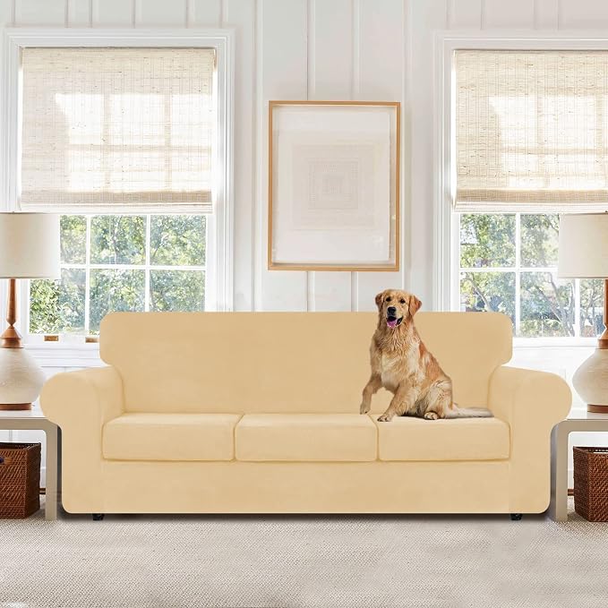 WEERRW 4 Pieces Couch Cover for Sofa Velvet Sofa Covers Washable, Champagne | Sofa Covers for 3 Cushion Couch Furniture Protector Sofa Slipcovers with Non Slip Elastic Bottom, Pet Friendly, Large