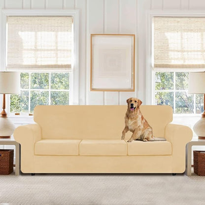 WEERRW 4 Pieces Couch Cover for Sofa Velvet Sofa Covers Washable, Champagne | Sofa Covers for 3 Cushion Couch Furniture Protector Sofa Slipcovers with Non Slip Elastic Bottom, Pet Friendly, Large