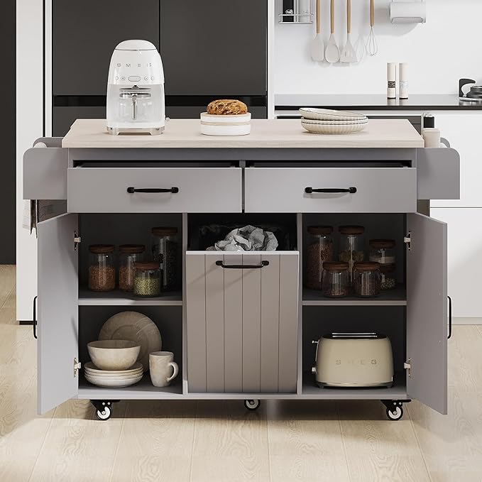 51.06" Mobile Kitchen Drop Leaf and Multipurpose Tilt-out Trash Can,Storage Cabinet w/Spice, Towel Rack & Drawer & Adjustable Shelf,Rolling Islands on Wheels,Grey, 50.25"