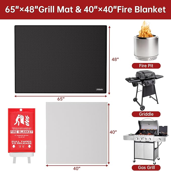 Large Under Grill Mat with 40” x 40“Fire Blanket, Double-Sided 65” x 48“Fireproof Grill Pad for Outdoor Grill,Indoor Fireplace Fire Pit Mat, Waterproof Oilproof BBQ Mat for Deck Patio Lawn
