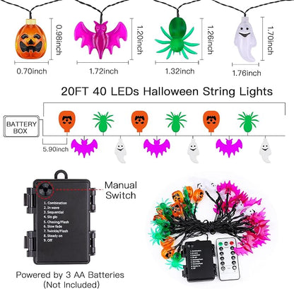 20FT 40LED Halloween Lights Outdoor Indoor Pumpkin Bat Spider Ghost Halloween String Lights Battery Operated, 8 Light Modes Waterproof Fairy Lights Decorations for Home Yard Window Party Outside Decor