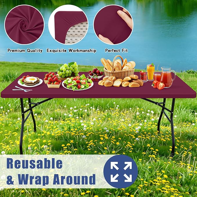 Moosfor 2 Pack Rectangle Spandex Fitted Table Cloth, 6FT Elastic Tablecloth | Washable Picnic Table Cover, Stretch Waterproof Table cloths for Party, Patio, Dining, Kitchen, 30" x 72", Jujube Red