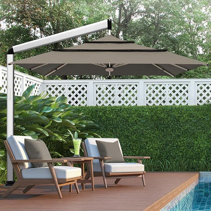 EliteShade USA Atlas 3-Tier 10x10FT Full Aluminum Cantilever Patio Umbrella for Outdoor Restaurant Garden Courtyard Deck Pool and Marketing with Light (No battery), Taupe