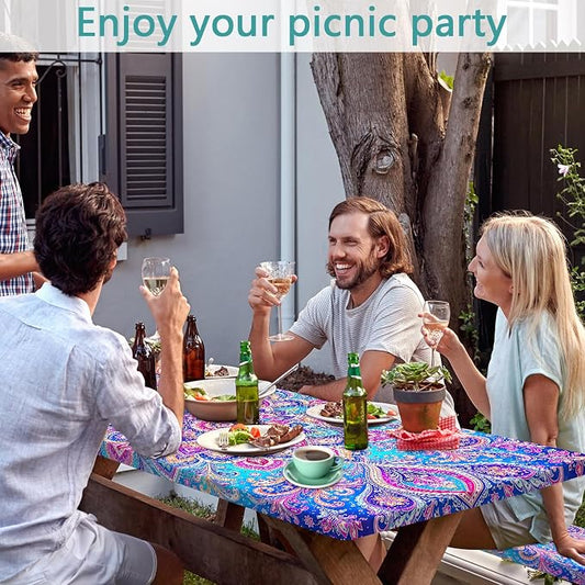 Picnic Table Cover with Bench Covers Boho Mandala Camping Essentials Waterproof Windproof Elastic Fitted Tablecloths for 6 Foot Rectangle Table, Tablecloth for Outdoor Backyard Patio BBQ Garden