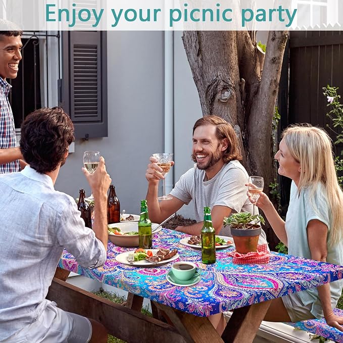 Picnic Table Cover with Bench Covers Boho Mandala Camping Essentials Waterproof Windproof Elastic Fitted Tablecloths for 6 Foot Rectangle Table, Tablecloth for Outdoor Backyard Patio BBQ Garden