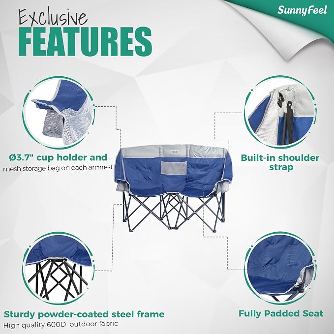 SUNNYFEEL Double Camping Chair Oversized Loveseat for Adults | 600LBS Heavy Duty Padded Camping Couch with Cup Holder, Storage Pockets & Carry Bag for Patio RV/ Lawn/ Backyard