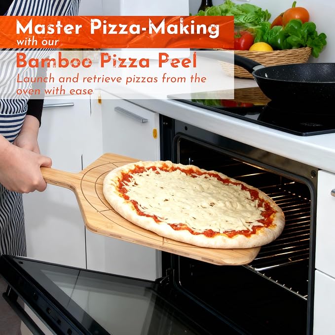 Wooden Pizza Peel 12 Inch Board with Engraved Sizes - Multi-Purpose Bamboo Pizza Cutting Board, Wood Pizza Peel, Pizza Spatula Paddle, and Serving Board with Size and Cutting Guide