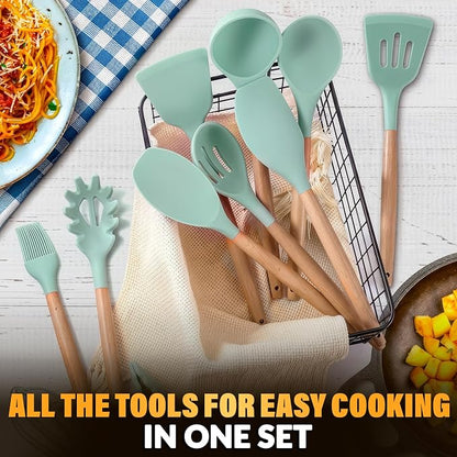 12Pcs Mint Green Kitchen Accessories with Holder for Nonstick Pans | Silicone Cooking Utensils Set for BBQ; Heat-Resistant Tools with Wooden Handles for Baking, Serving, Frying, and Mixing