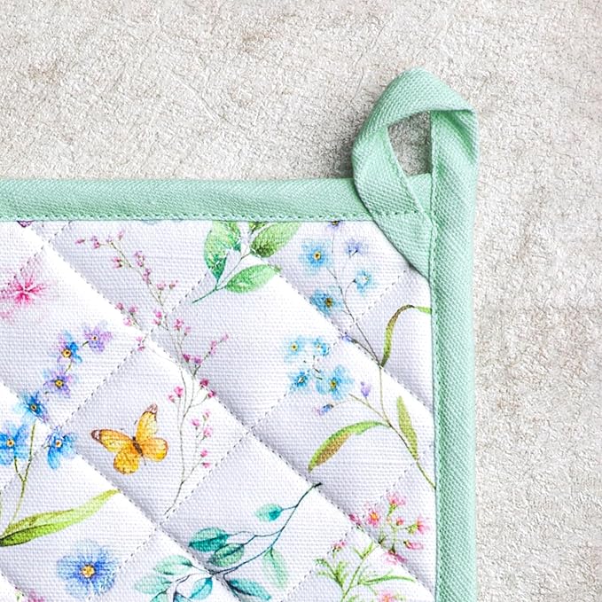 Maison d' Hermine Pot Holders 100% Cotton Heat Resistant Potholders 8" x 8" Hot Pads with Loop BBQ Cooking Baking Hotel Farmhouse Kitchen Handling Hot Pans Spring Summer (Pack of 1, Just Floral)