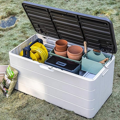 110 Gallon Pro Resin Deck Box, Waterproof Outdoor Storage Bin for Patio Furniture, Pool Accessories, and Garden Tools, Lockable & UV-Resistant, White