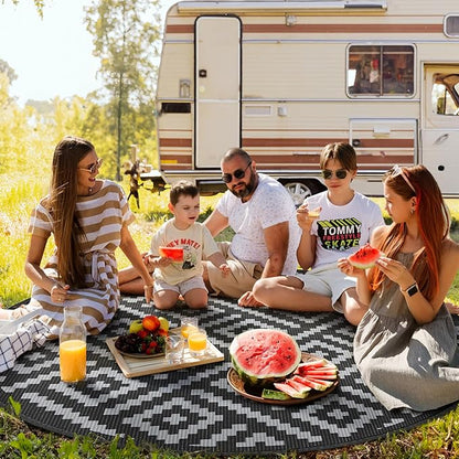 GENIMO Outdoor Rug, Waterproof Plastic Rugs for Patio, 10' Round Black Grey | Outside Larger Modern Carpet Mat for Deck Decor, Porch, Balcony, Backyard, Camping, Picnic, Beach, RV, Reversible, Foldable