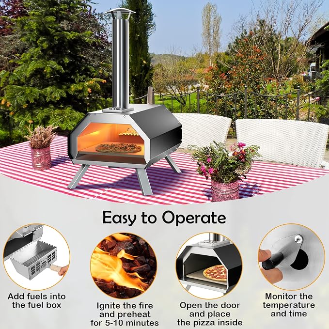 COSTWAY Outdoor Pizza Oven, with 12” Pizza Stone, Wood Fired Pizza Maker with Foldable Legs & Built-in Thermometer, Stainless Steel Wood Pellet Pizza Grill for Camping, Backyard, Picnic, Party, Black