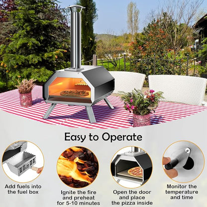 COSTWAY Outdoor Pizza Oven, with 12” Pizza Stone, Wood Fired Pizza Maker with Foldable Legs & Built-in Thermometer, Stainless Steel Wood Pellet Pizza Grill for Camping, Backyard, Picnic, Party, Black