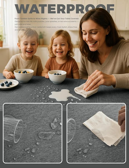 Decorelia Faux Linen Farmhouse Table Cloth 60"x84" for 4-6 ft Rectangle Table, Dark Grey Waterproof Outdoor Washable Cloth Tablecloth for Rectangular Dining Room Kitchen Outdoor Party Restaurant Decor