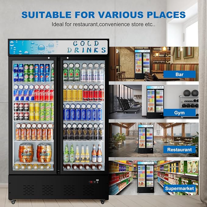 Commercial Display Refrigerator Glass Door 40 cu.ft Commercial Beverage Refrigerators with LED and Shelves for Cafe, Restaurant, Store