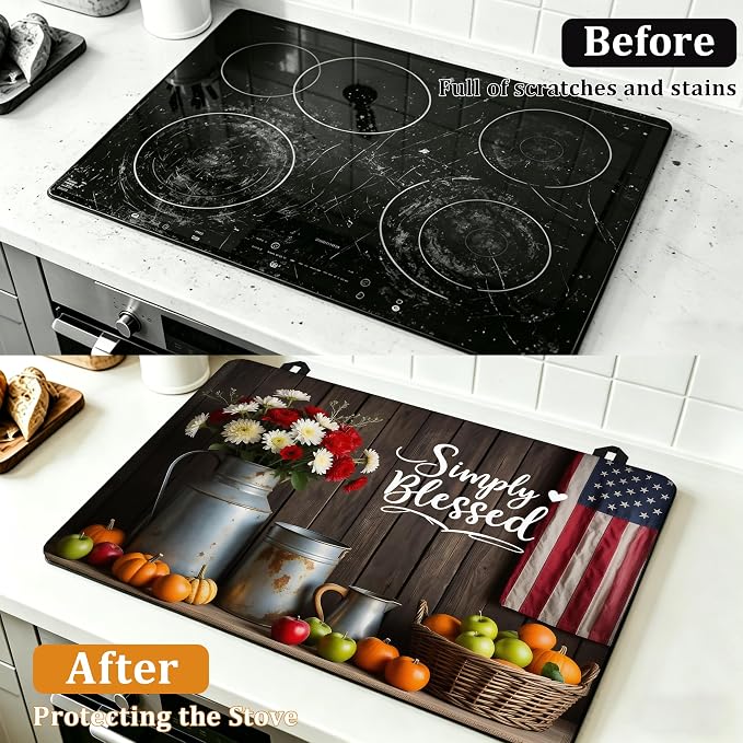 Electric Stove Top Cover,Farmhouse Flowers Stove Cover for Glass Top Electric Stove,American Flag Heat Resistant Flat Top Stove Mat Countertop Protector, 28 x 20 Inch