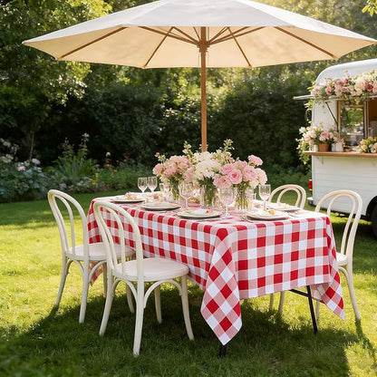 SquarePie 60x84 Inch Rectangle Outdoor Tablecloth with Umbrella HOL -Waterproof Spillproof Polyester Zipped Patio Table Cloth for Spring Summer Picnic Camping Backyard BBQs, Red Checkered