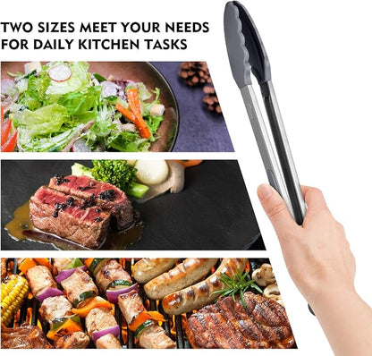 HOTEC Premium Stainless Steel Locking Kitchen Tongs with Silicon Tips, Set of 2-9" and 12" Light Grey