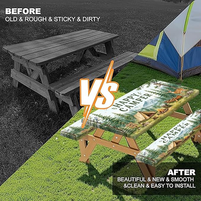 Picnic Table Cover with Bench Covers and Bag, Camping Essentials, Funny Wildlife Animals Forest Mountain Waterproof Windproof Camping Tablecloth, Fitted Rectangle Tables and Seats, 3 Pcs, 30x96 Inch