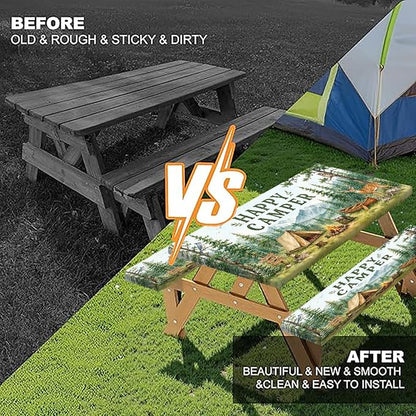 Picnic Table Cover with Bench Covers and Bag, Camping Essentials, Funny Wildlife Animals Forest Mountain Waterproof Windproof Camping Tablecloth, Fitted Rectangle Tables and Seats, 3 Pcs, 30x96 Inch