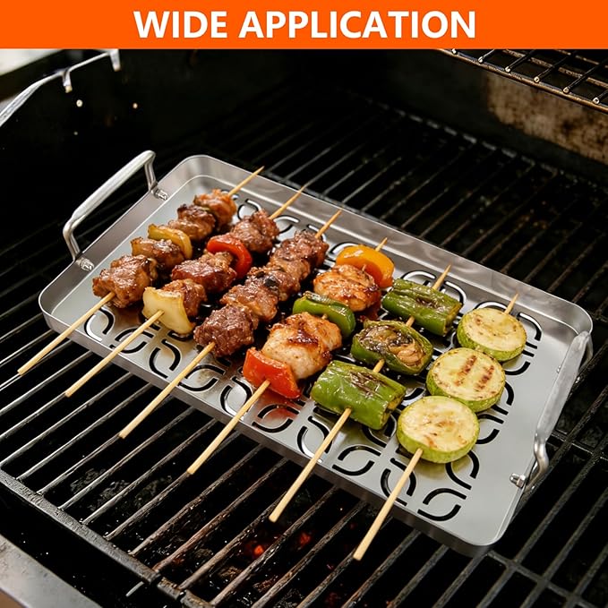 BAC610 Fish & Veggie Grill Grate for Traeger Accessories, Perforated BBQ Grilling Pan with Handles for Outdoor Grills, Ideal Grilling Basket for Shrimp, Vegetables & Meatballs, 18.25" x 10.16"
