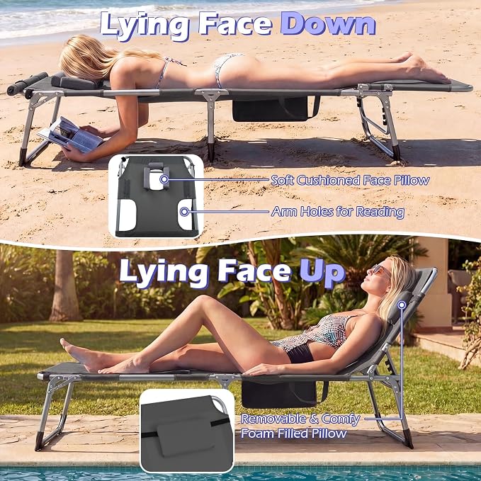 GYMAX Tanning Chair, 3 in 1 Sun Bathing Lounge Chairs with Face/Arm Holes & Side Pocket, Portable Lightweight Face Down Layout Tanning Chair for Outside, Beach, Backyard, Poolside (1, Grey)
