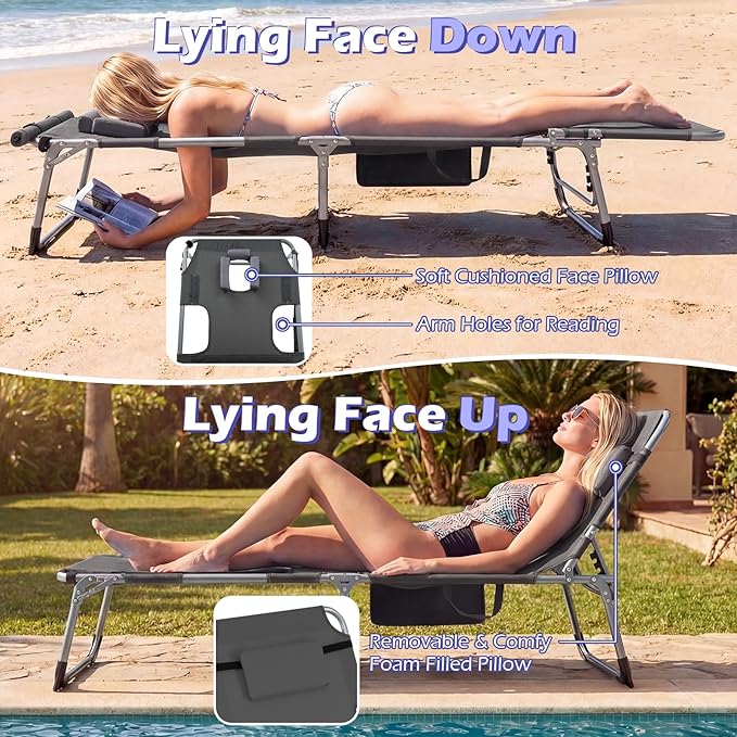 GYMAX Tanning Chair, 330LBS Beach Lounge with Face Arm Hole & Hand Shoulder Strap, Folding Layout Sunbathing Chair, Face Down Outdoor Chaise Lounger for Patio, Poolside, Lawn, Backyard (1, Grey)