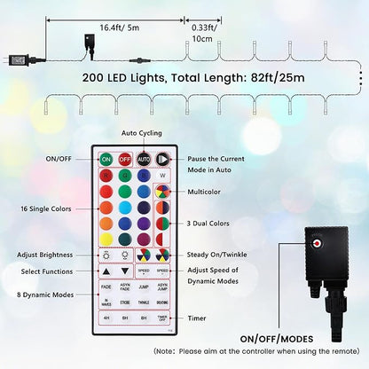 Toodour 4th of July String Lights, 66ft 200 LED RGB Color Changing String Lights with Remote & Timer, Waterproof Red White and Blue Lights for Home Yard Holiday Tree Party Indoor Outdoor Decoration