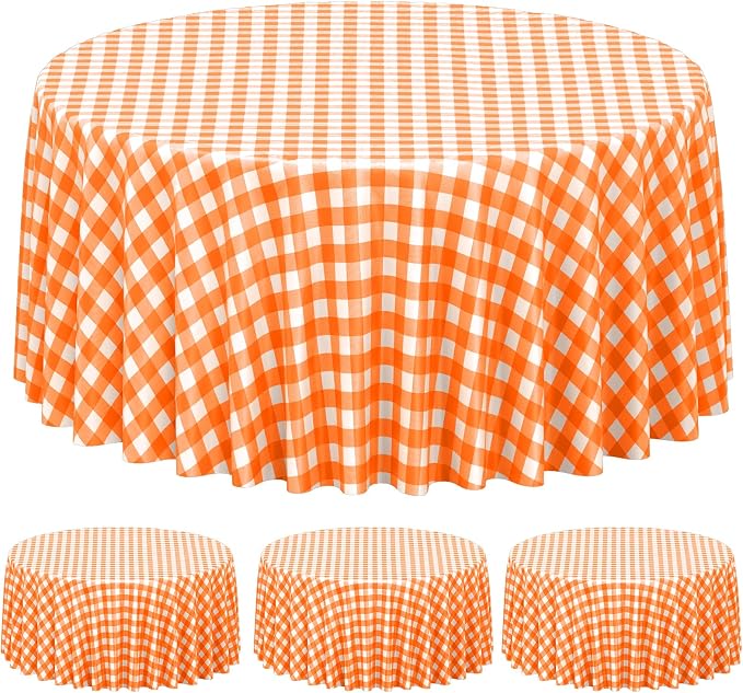 3Pcs Orange Gingham Tablecloths Round, Fall Checkered Table Cover 54x108 In | Orange and White Checkered Round Tablecloths Disposable Waterproof for Fall Picnic Halloween Barbecue Birthday Outdoor Party
