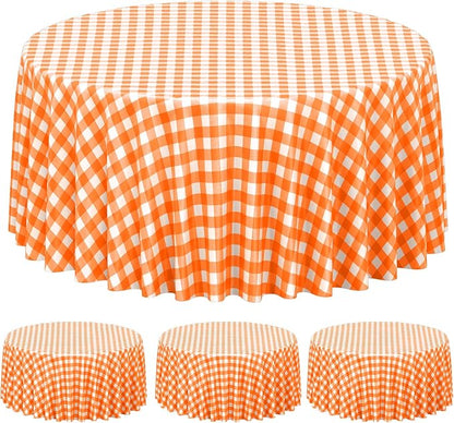 3Pcs Orange Gingham Tablecloths Round, Fall Checkered Table Cover 54x108 In | Orange and White Checkered Round Tablecloths Disposable Waterproof for Fall Picnic Halloween Barbecue Birthday Outdoor Party