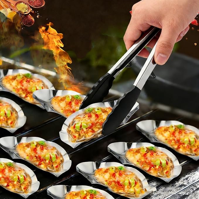 16PCS 304 stainless steel oyster grill tray and silicone tongs set, ideal for grilling oysters, shrimp, scallops, and clams.