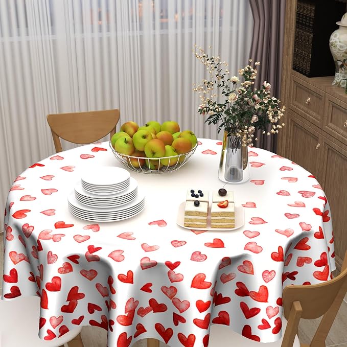Sweetshow Valentine's Day Table Cloth Round Love Red Hearts Tablecloth 60 Inch Decor Washable Stain and Wrinkle Resistant Round Table Cover for Dining Picnic