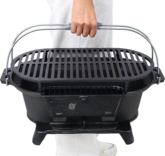 LuckyNote Oval Iron Grill Outdoor, Portable Charcoal Grill and Tabletop Cast Iron Skillet - 100% Cast Iron, Durable, Small Charcoal Grill, Camping Stove, Hibachi Grill