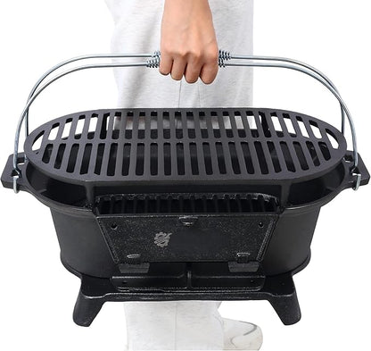 LuckyNote Oval Iron Grill Outdoor, Portable Charcoal Grill and Tabletop Cast Iron Skillet - 100% Cast Iron, Durable, Small Charcoal Grill, Camping Stove, Hibachi Grill