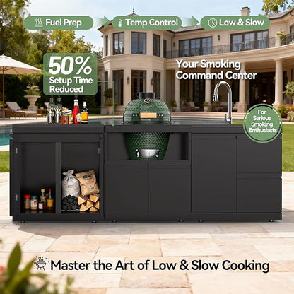 Black Stainless Steel Outdoor Double Door Empty Cabinet, Black Galaxy Granite Countertop, Storage Module for Grill Island, Patio BBQ Station, No Shelves