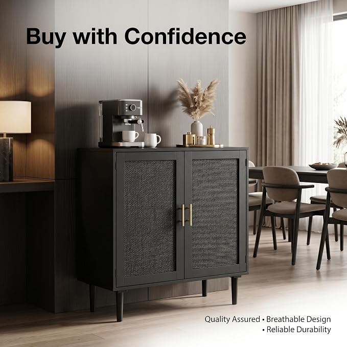 Finnhomy Sideboard Buffet Kitchen Storage Cabinet with Black Painted Rattan Decorated Doors, Dining Room, Hallway, Cupboard Console Table, Liquor/Accent Cabinet, 31.5X 15.8X 34.6 Inches, Black